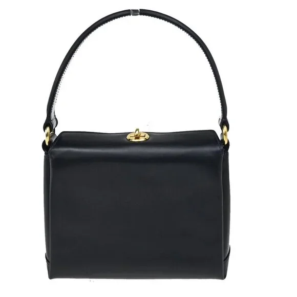 GUCCI Logo Shoulder Hand Bag Leather Navy Blue GHW Italy 35KB070